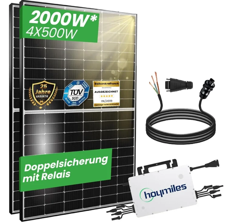 2000W Balkonkraftwerk 1600W komplett Steckdose - Solaranlage mit EPP 500W Solarmodule, Hoymiles HMS-1600-4T Wechselrichter und 5m Wielandstecker.