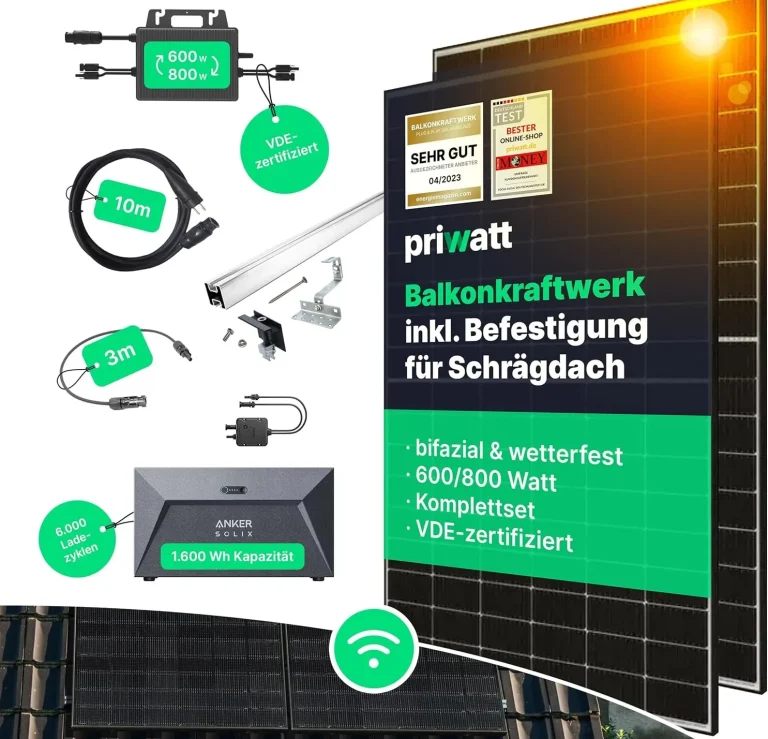 BALKONKRAFTWERK BIFAZIAL - Durch die beidseitige Stromerzeugung sichern Dir die 2 Solarmodule (je 176,2 x 113,4 cm) inkl. Aluminium-Schienen & Dachziegel-Halterungen höchste Erträge mit je 440 Wp. INKL. SOLARSPEICHER - Plug & Play: Die Komplett-Anlage mit Montageset, Anker SOLIX Stromspeicher 1600Wh (6.000 Ladezyklen) & 4x 3m Verlängerungskabel versorgt Deinen Haushalt zuverlässig mit Solarstrom. WAHLWEISE 600 ODER 800 WATT - Der WLAN-fähige TSUN TSOL-MS600 Wechselrichter ist zertifiziert nach VDE-AR-N 4105, lässt sich bequem per App steuern und kann auf 800W erhöht werden.