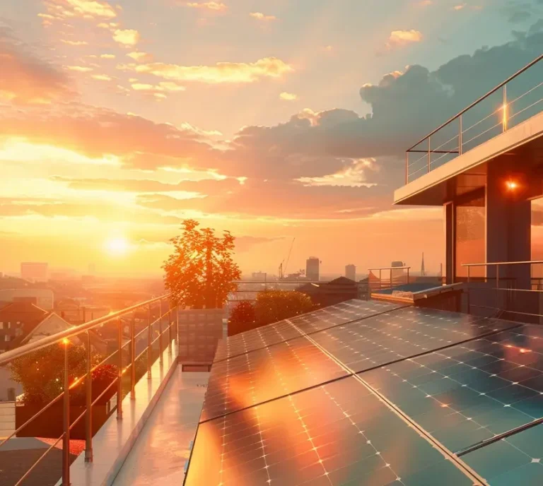 Moderner Dachbereich mit Photovoltaik-Solarmodulen bei einem lebhaften Sonnenuntergang. Das Bild zeigt ein zeitgenössisches Wohngebäude, das mit Solarpaneelen ausgestattet ist, die die goldenen Töne des Sonnenuntergangs widerspiegeln. Der Dachbereich verfügt über einen großzügigen Balkon, der mit Topfpflanzen geschmückt ist und zu einer nachhaltigen und umweltfreundlichen Wohnumgebung beiträgt. Im Hintergrund ist eine städtische Skyline sichtbar, die die Verbindung von grüner Technologie mit urbanem Leben unterstreicht.