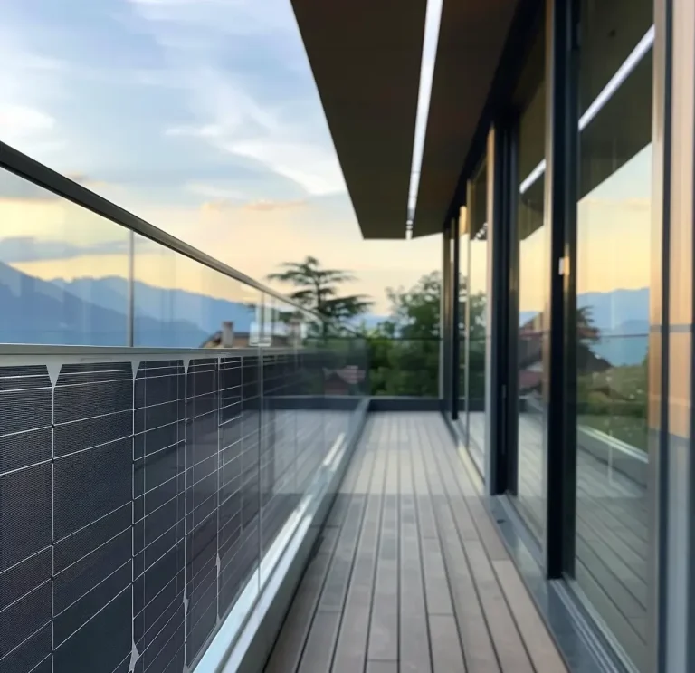 Moderner Balkon mit integrierten Photovoltaik-Solarmodulen im Geländer bei Sonnenuntergang. Das Bild zeigt einen eleganten Außenbereich eines Wohngebäudes, dessen Glasgeländer mit Solarmodulen ausgestattet ist. Die Umgebung mit grünen Bäumen und einem sanften Himmel im Hintergrund betont die Kombination von fortschrittlicher Solartechnologie und natürlicher Schönheit. Diese innovative Nutzung von Solarenergie auf dem Balkon steht für nachhaltiges Wohnen und umweltfreundliche Architektur.